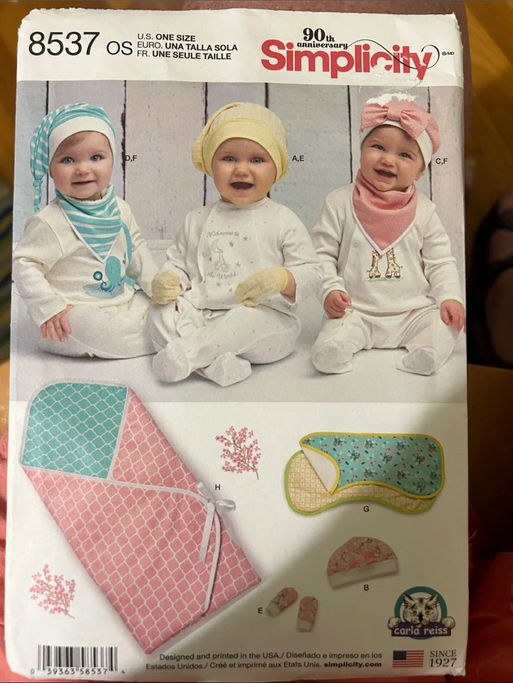Simplicity Baby Wrap,Hat & Bib and Burp cloth Pattern in Pink, Yellow & Teal